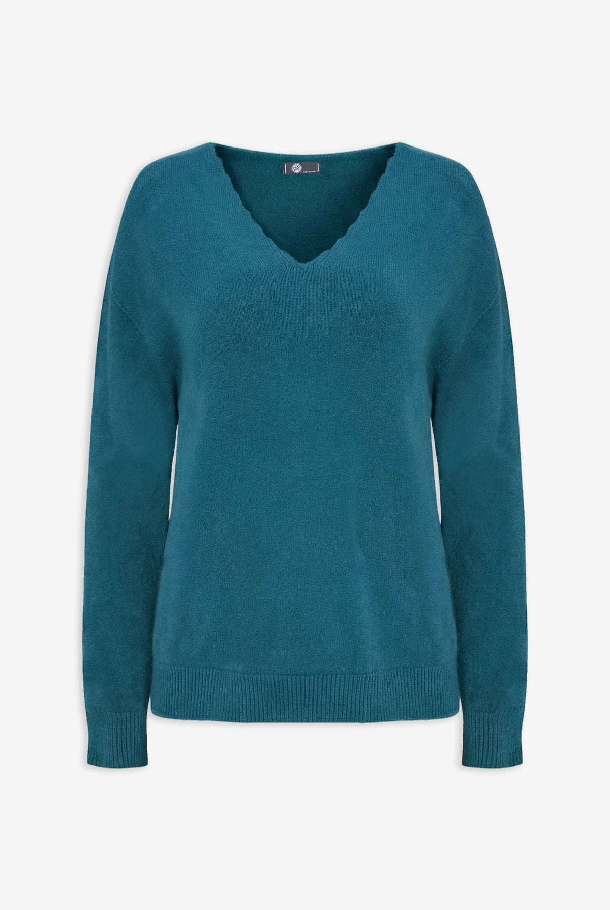 Women's Knit Scalloped V-Neck Tunic-Length Sweater, with Long Sleeves