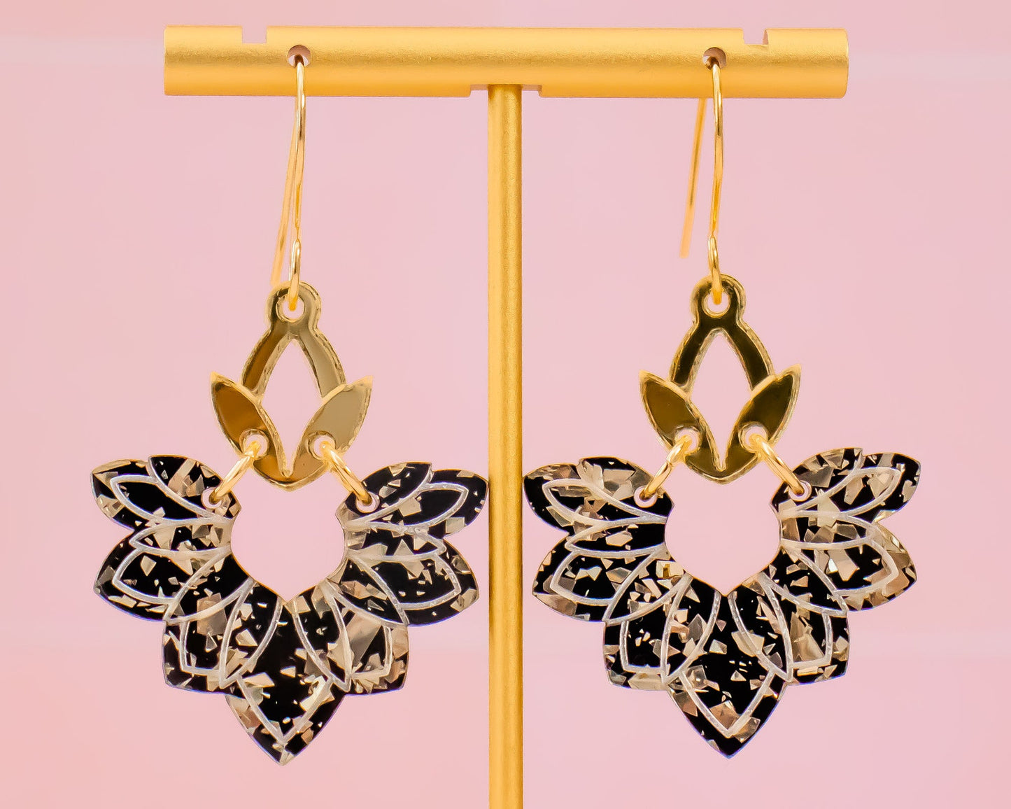 Black & Gold Abstract Lotus Earrings