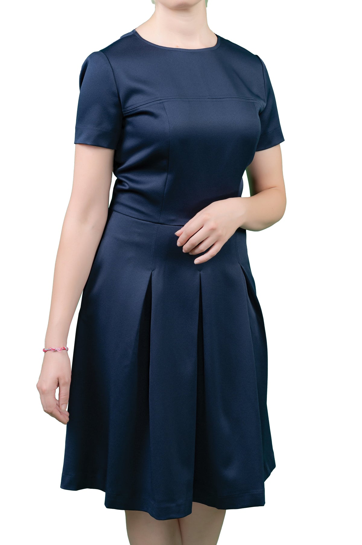 Elara Navy Pleated Fit-and-Flare Office Dress