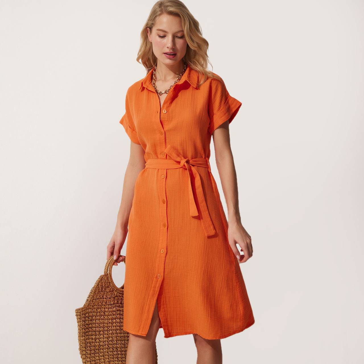 Button Down Short Folded Sleeve Dress Shirt - Orange