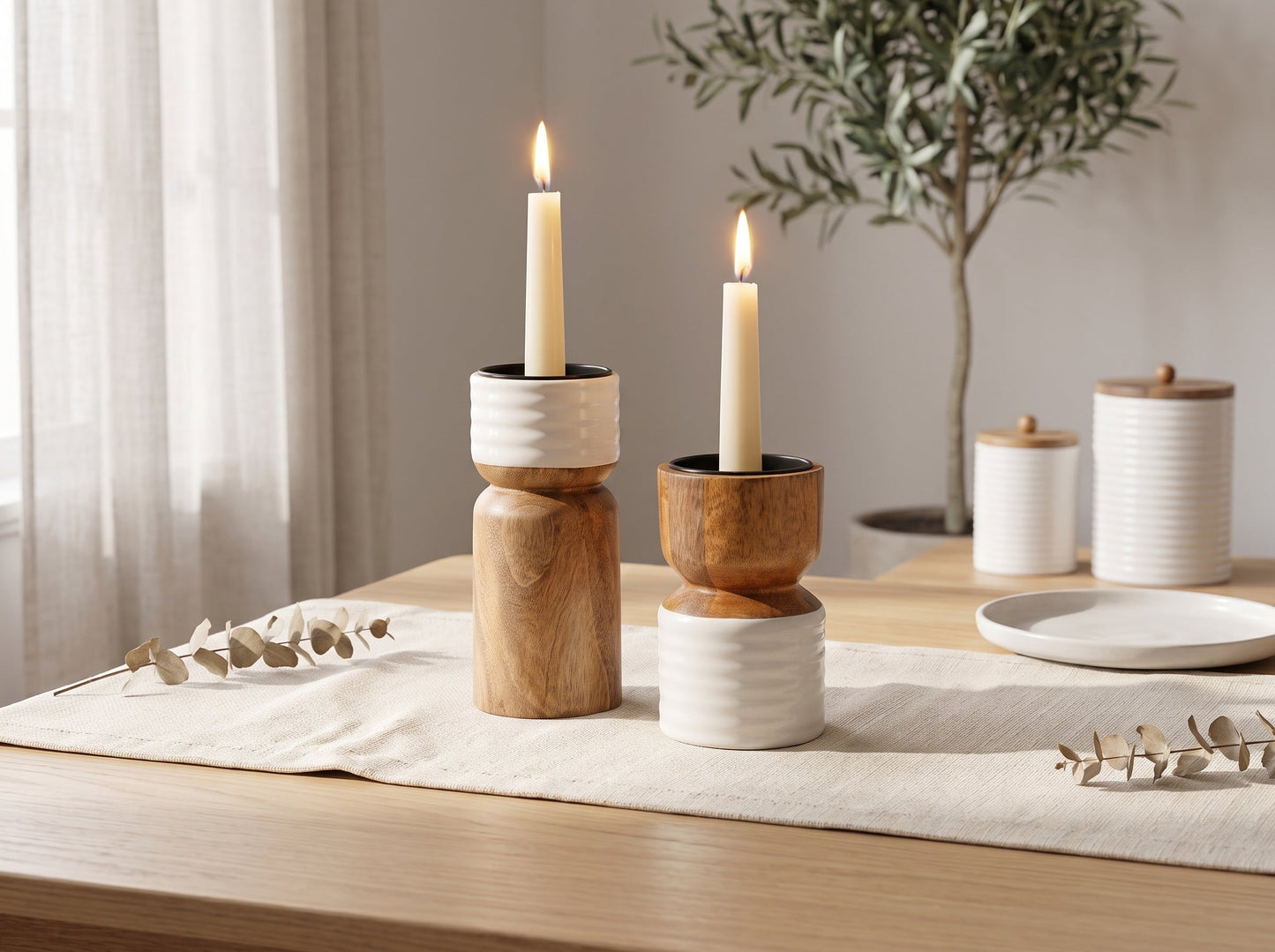 Candle Holder with White Enamel, Set of 2