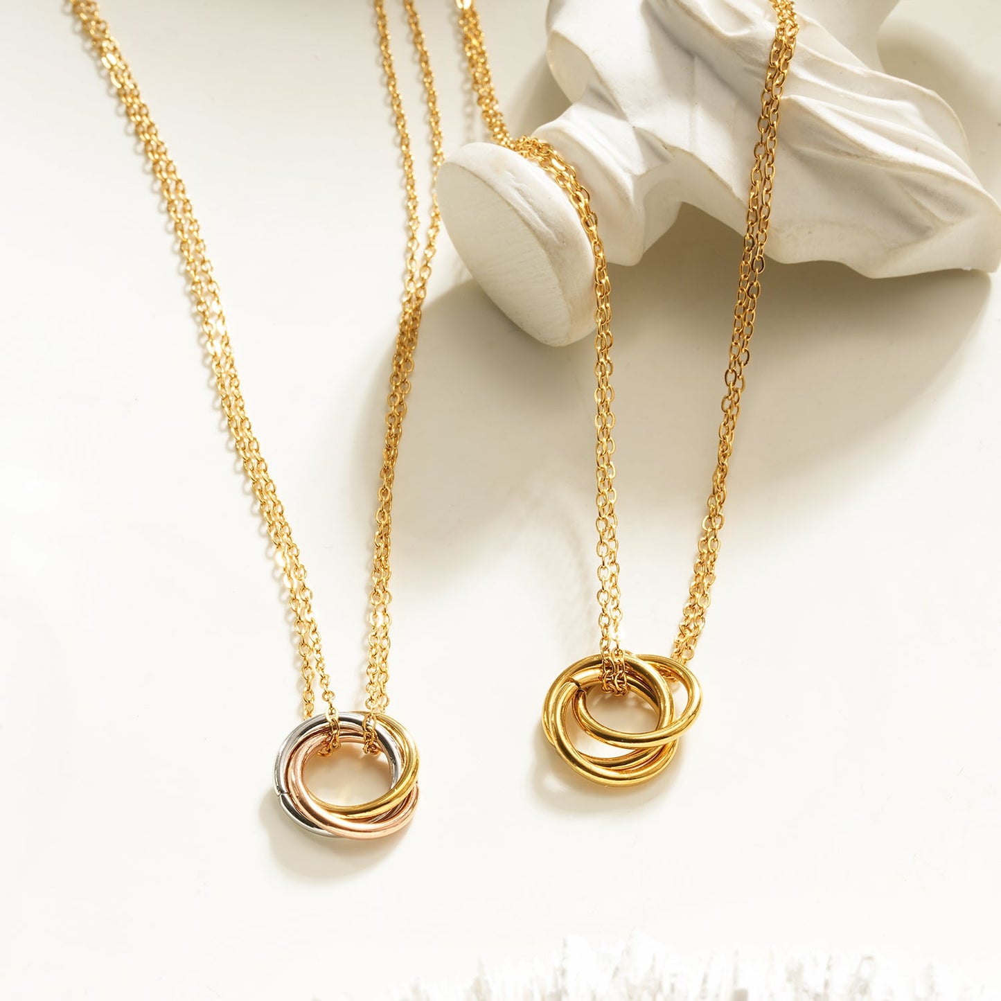 Double Chain Dainty Necklace with Intertwined 3-Ring Pendant – Symbol of Love, Unity & Eternity