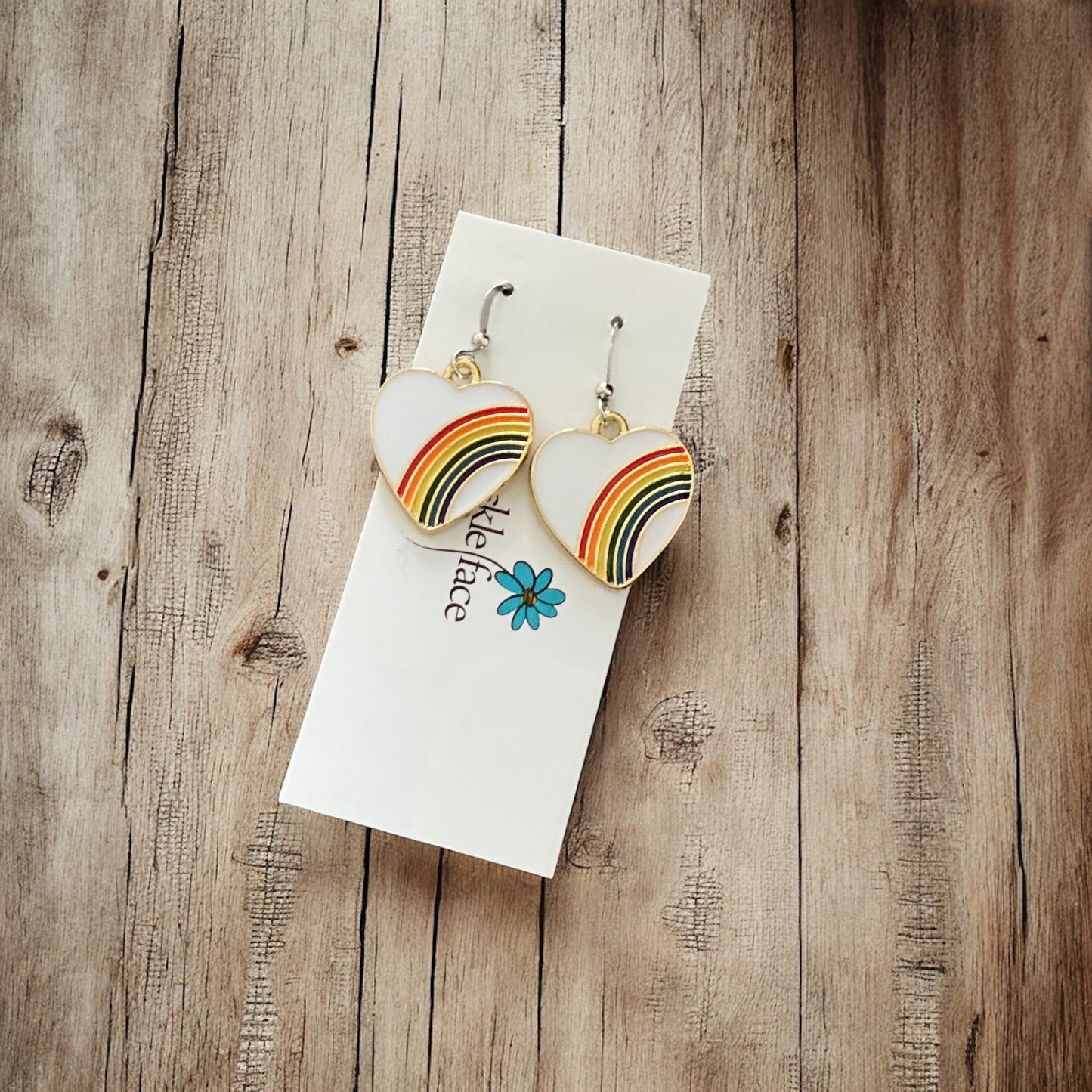 Rainbow Heart Hook Earrings – White Enamel & Multicolor Rainbow