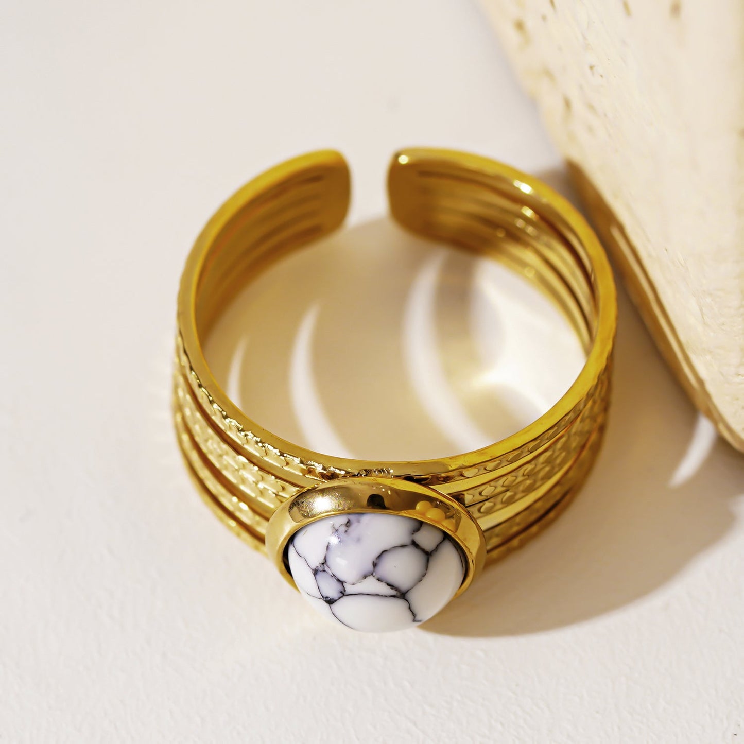 Multi Band Textured Ring with White Turquoise Stone