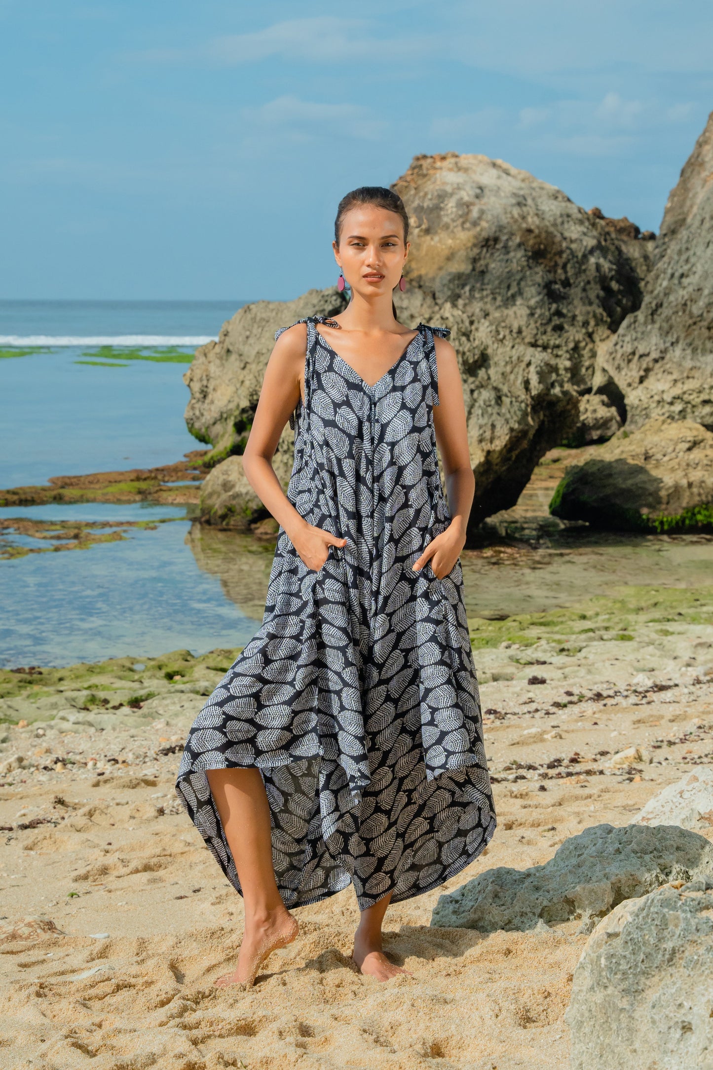 Leaf Print Romper - Black & White