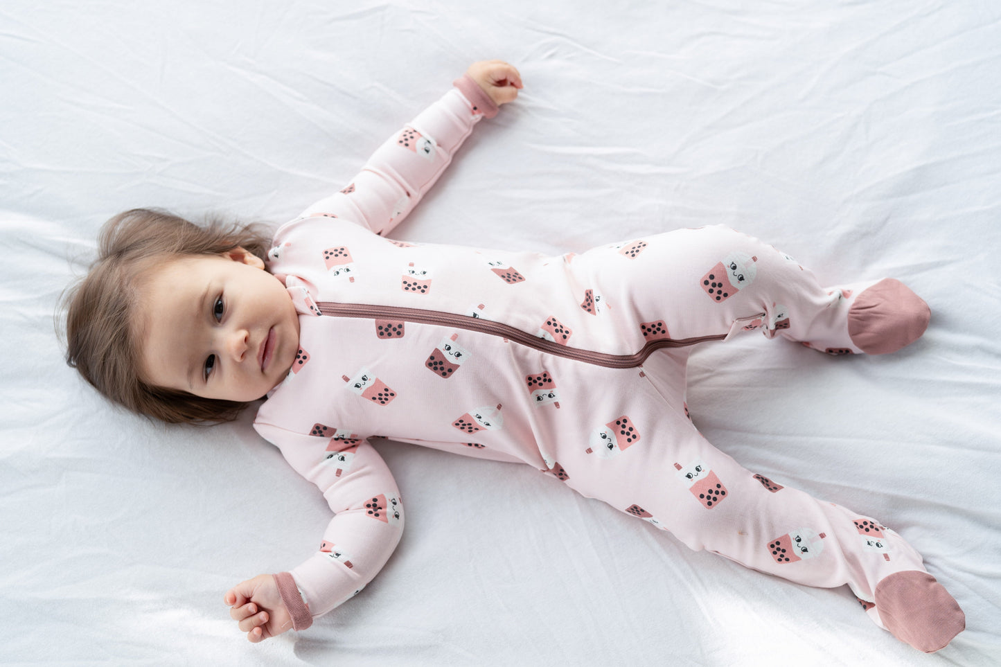 Bamboo Fleece Footie w/2 Way zipper (Bubble Tea Print)
