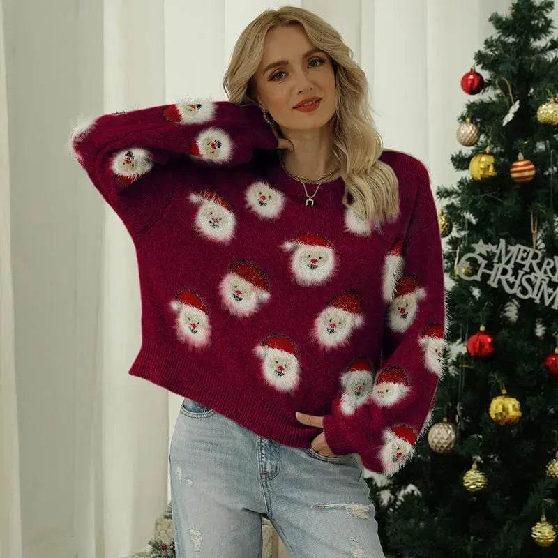 Christmas Sweater Women Cute Santa Print Knit Sweater