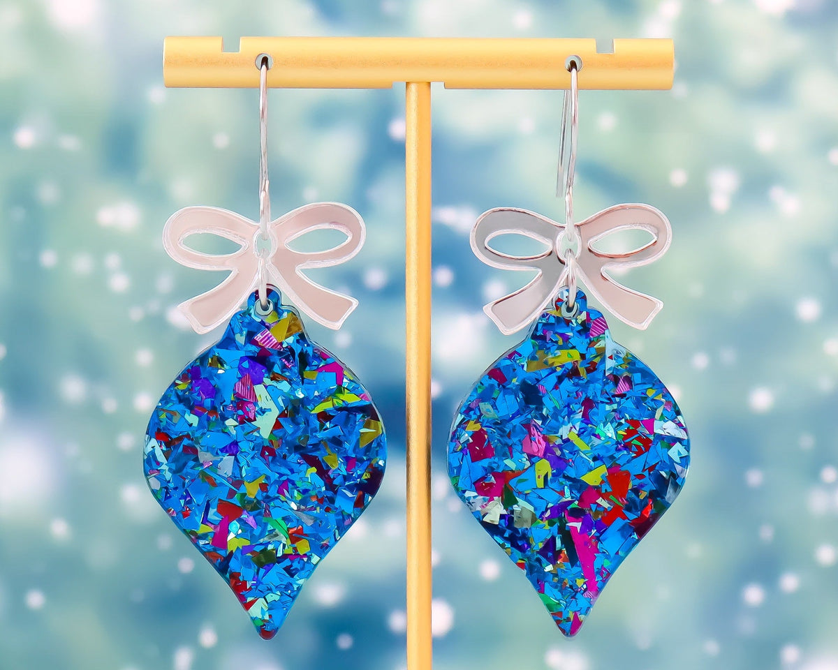 Blue Glitter Christmas Ornament Earrings