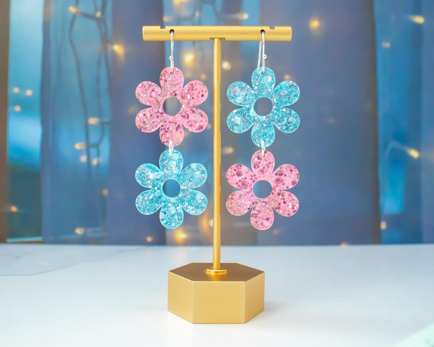 Pastel Pink & Blue Double Flower Glitter Earrings