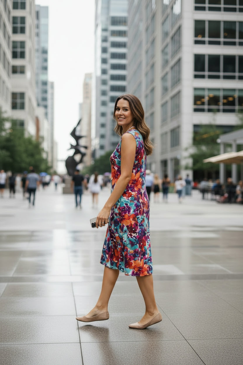 Watercolour Floral Print Sleeveless Dress
