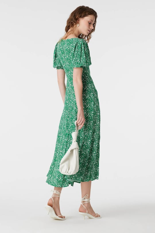 Green Puff Sleeve Floral Midi Dress