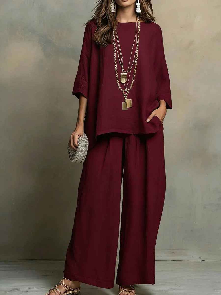 Loose Fit Linen Blend Shirt & Wide Leg Pants Two-Piece Set