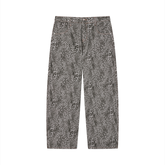 Unisex Vintage Wash Leopard Wide Leg Jeans