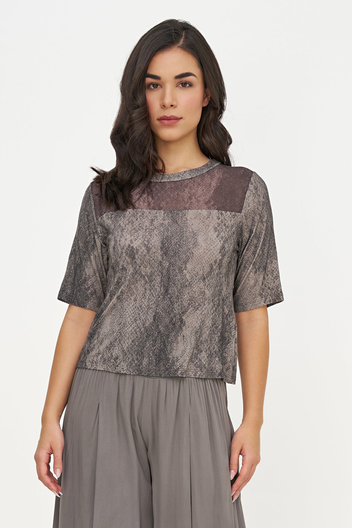Women's Buttery-Soft Printed Knit Crew-Neck Top, with Elbow Length Sleeves