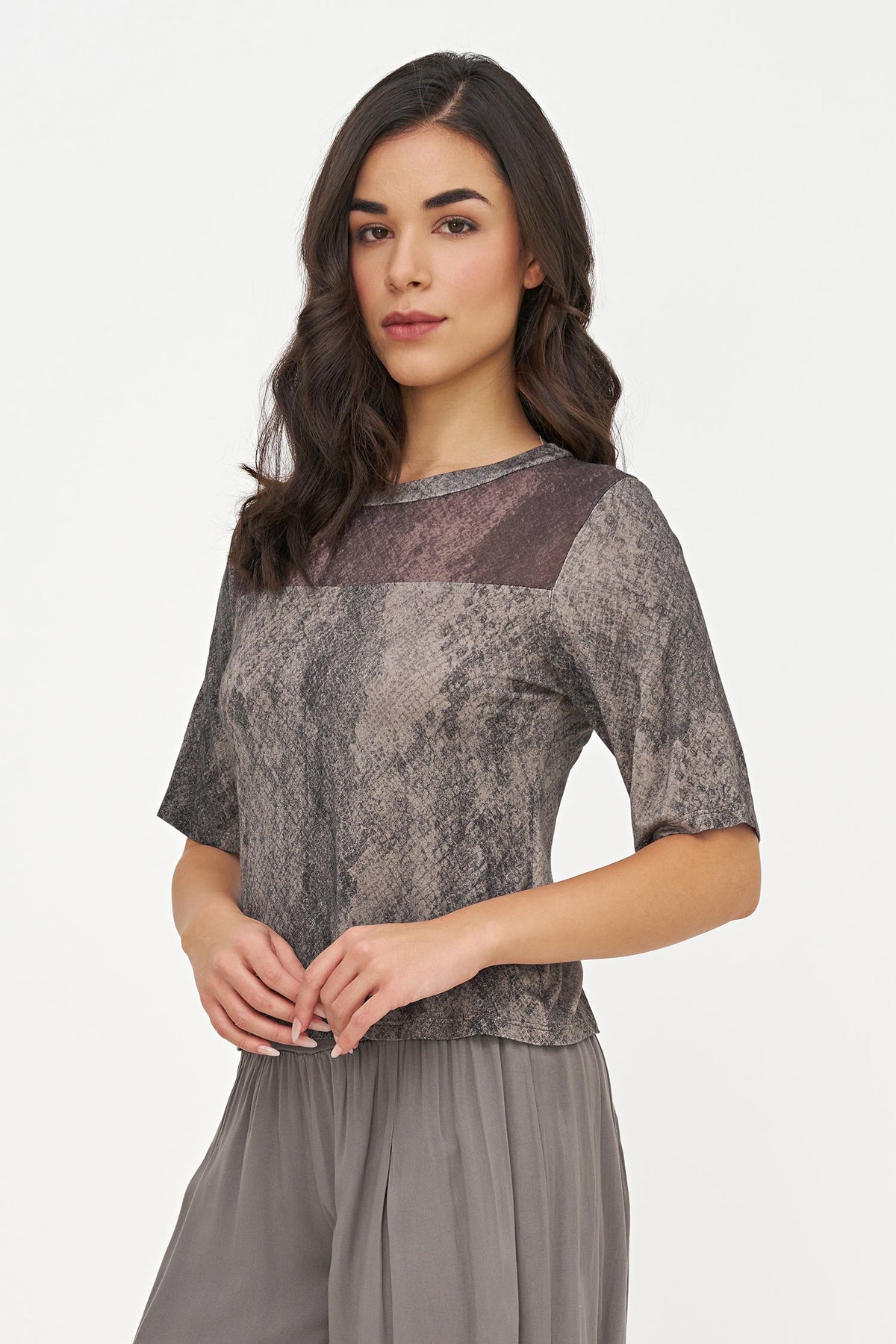 Women's Buttery-Soft Printed Knit Crew-Neck Top, with Elbow Length Sleeves