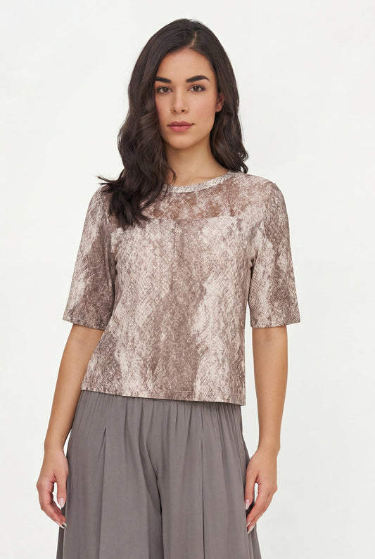 Women's Buttery-Soft Printed Knit Crew-Neck Top, with Elbow Length Sleeves