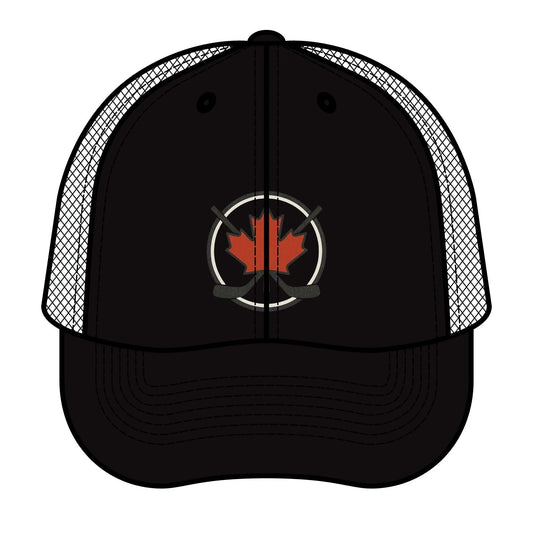 Maple Stick Hockey Hat Canadian Maple Leaf Cap with Crossed Hockey Sticks - Premium Snapback Trucker Hat