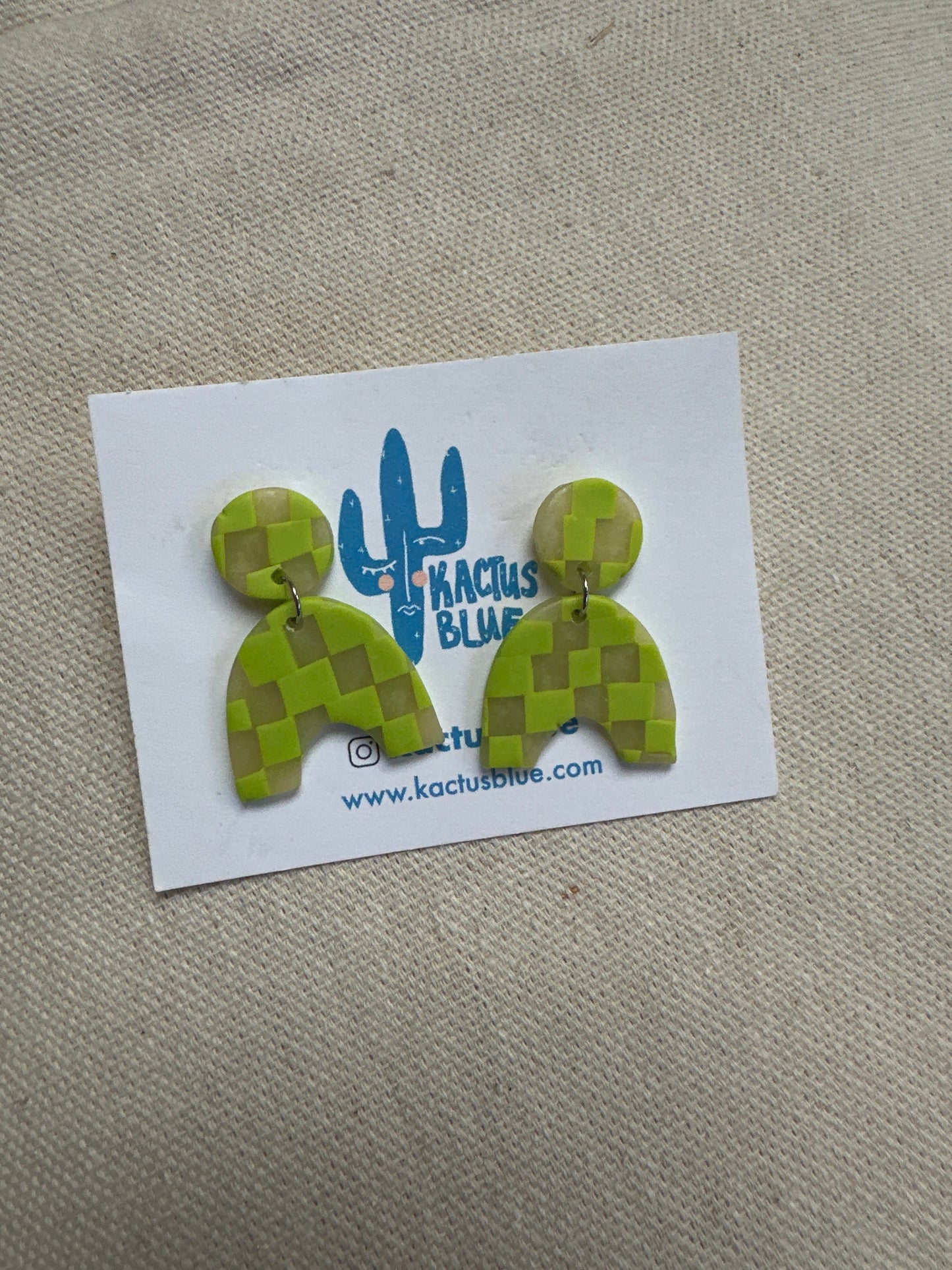 Kactus Blue Checkered Lime Green Clay Earrings