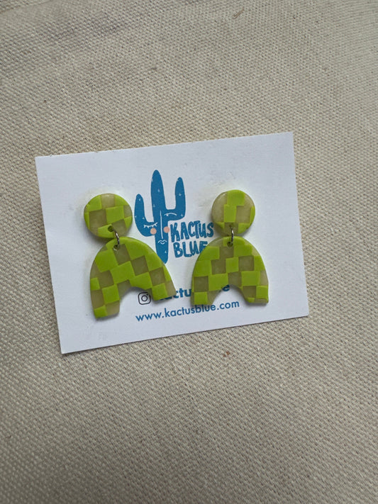 Kactus Blue Checkered Lime Green Clay Earrings