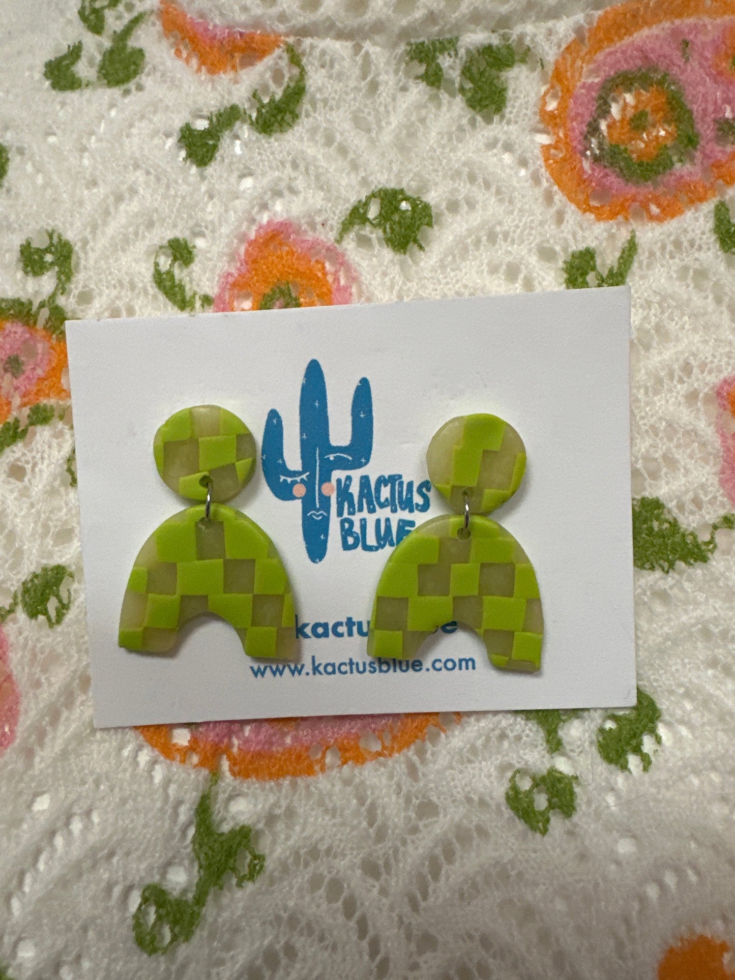 Kactus Blue Checkered Lime Green Clay Earrings