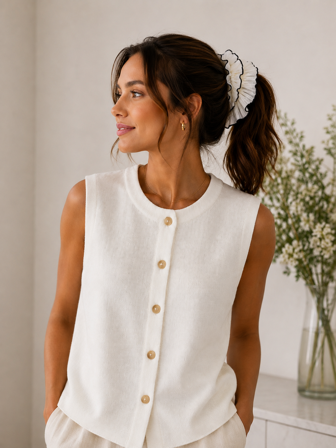 Bezla - Button Front Sleeveless Knit Vest Top In Ivory
