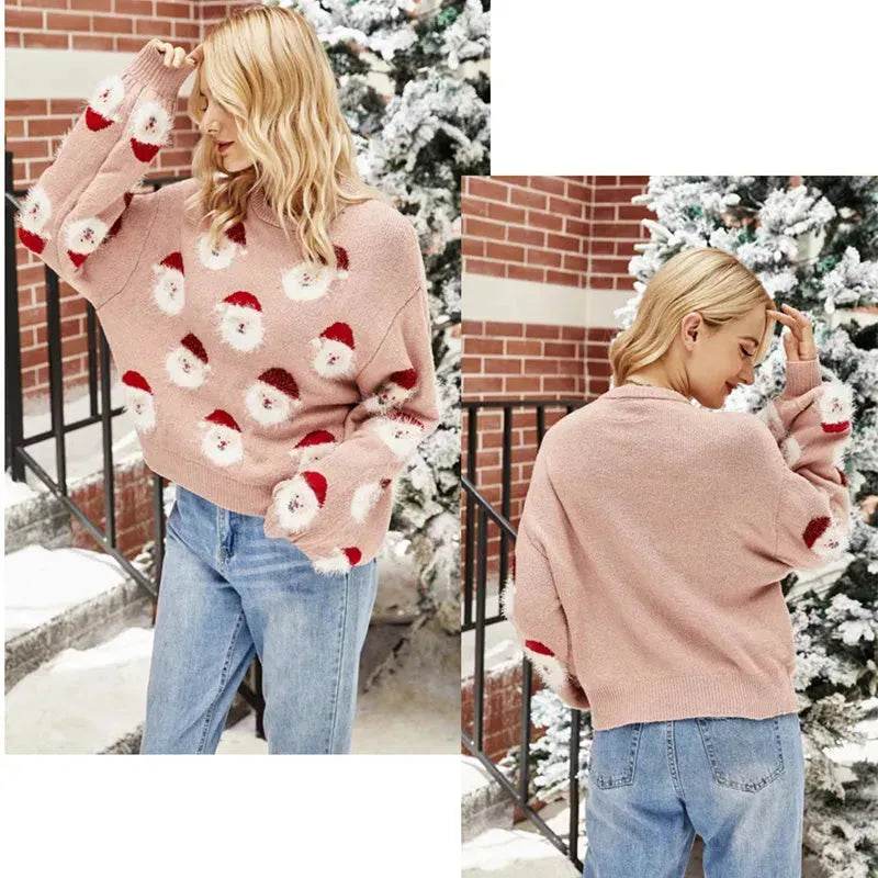 Christmas Sweater Women Cute Santa Print Knit Sweater