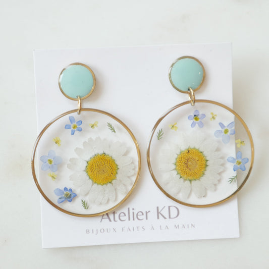 Boucles d'oreilles duo marguerite et trio myosotis - rond (XXL)