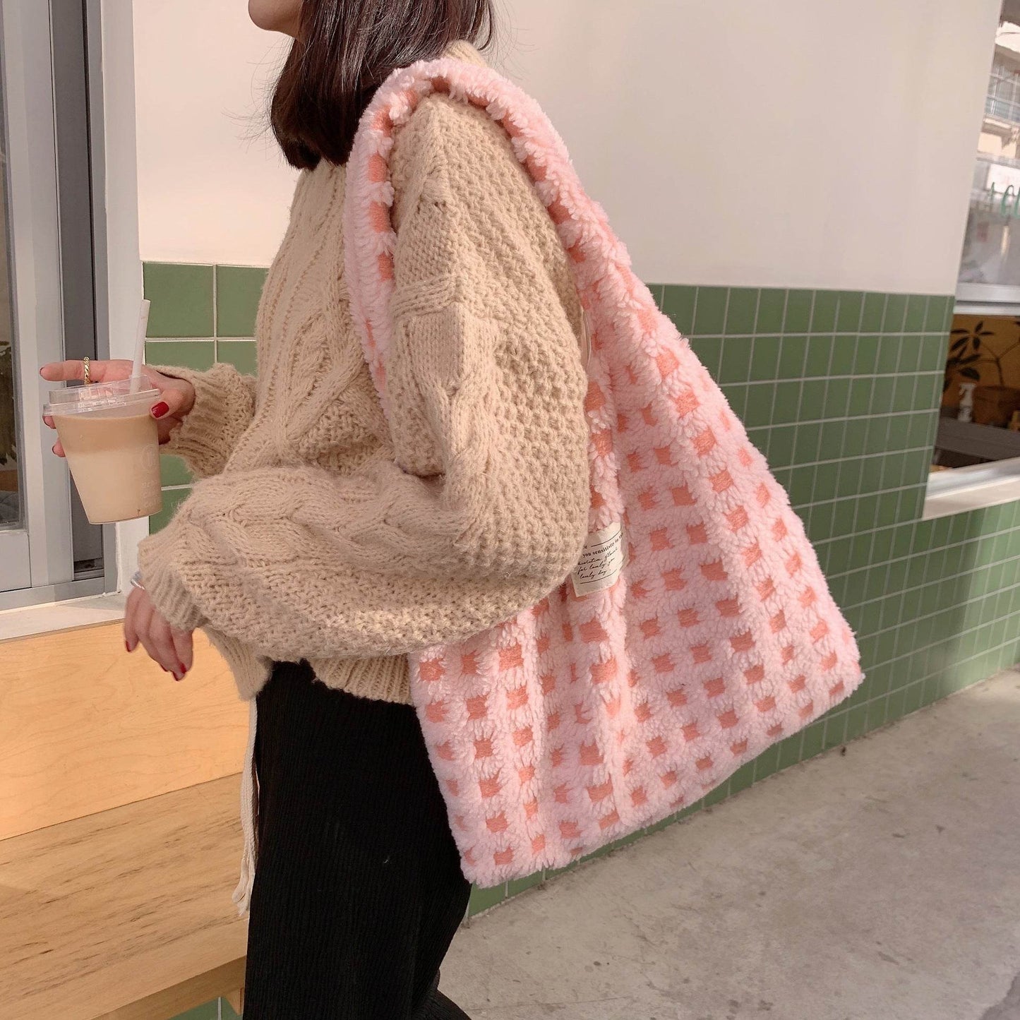 Waffle Print Flannel Tote Bag