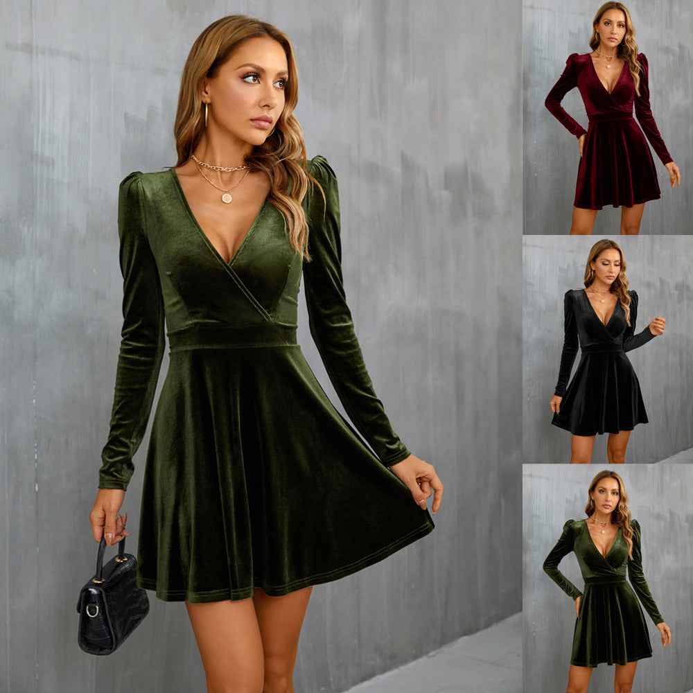 V-Neck High-Waist A-Line Velvet Dress