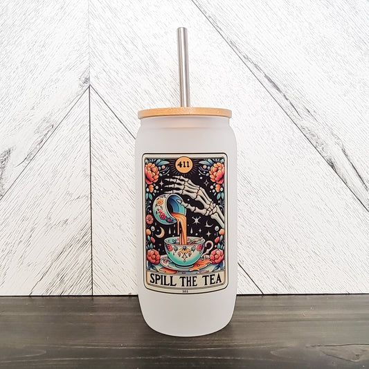 Spill The Tea Frosted Can with Bamboo Lid | Tarot Card Glass Can