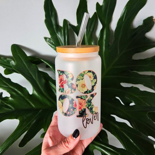 Book Lover Frosted Glass Can with Bamboo Lid