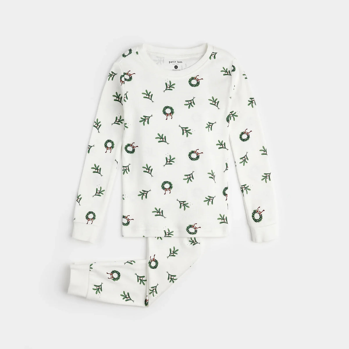 Wreaths Print on Off-White PJ Set | Petit Lem