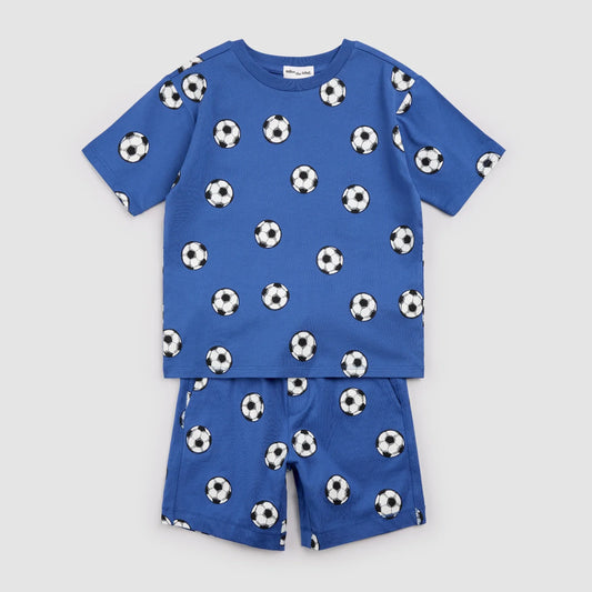 2 Piece T-Shirt & Short Set | Soccer Balls on Royal Blue