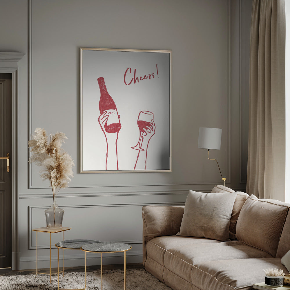 Wall art Cheers wine illustration & text (black & white)