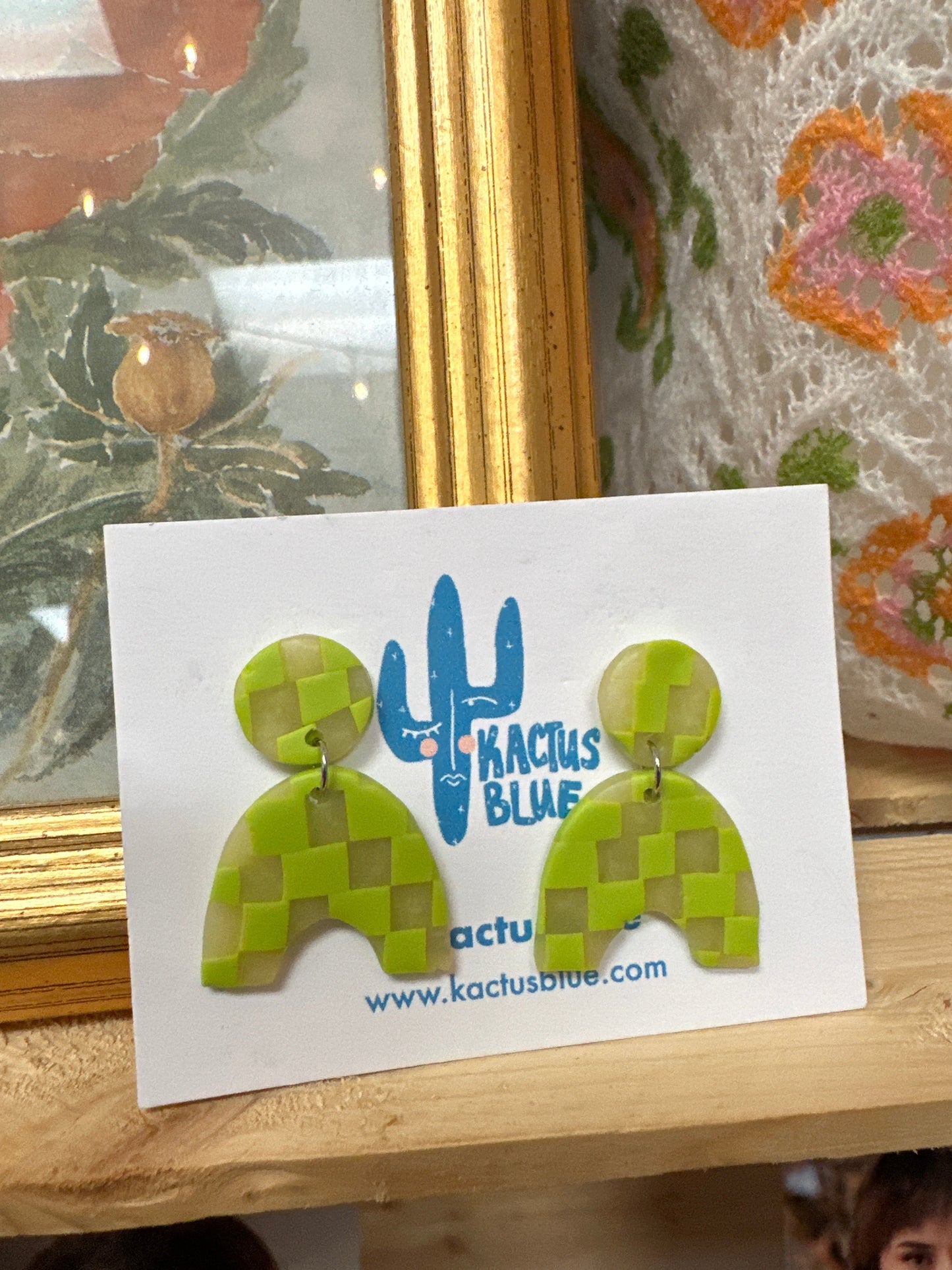 Kactus Blue Checkered Lime Green Clay Earrings
