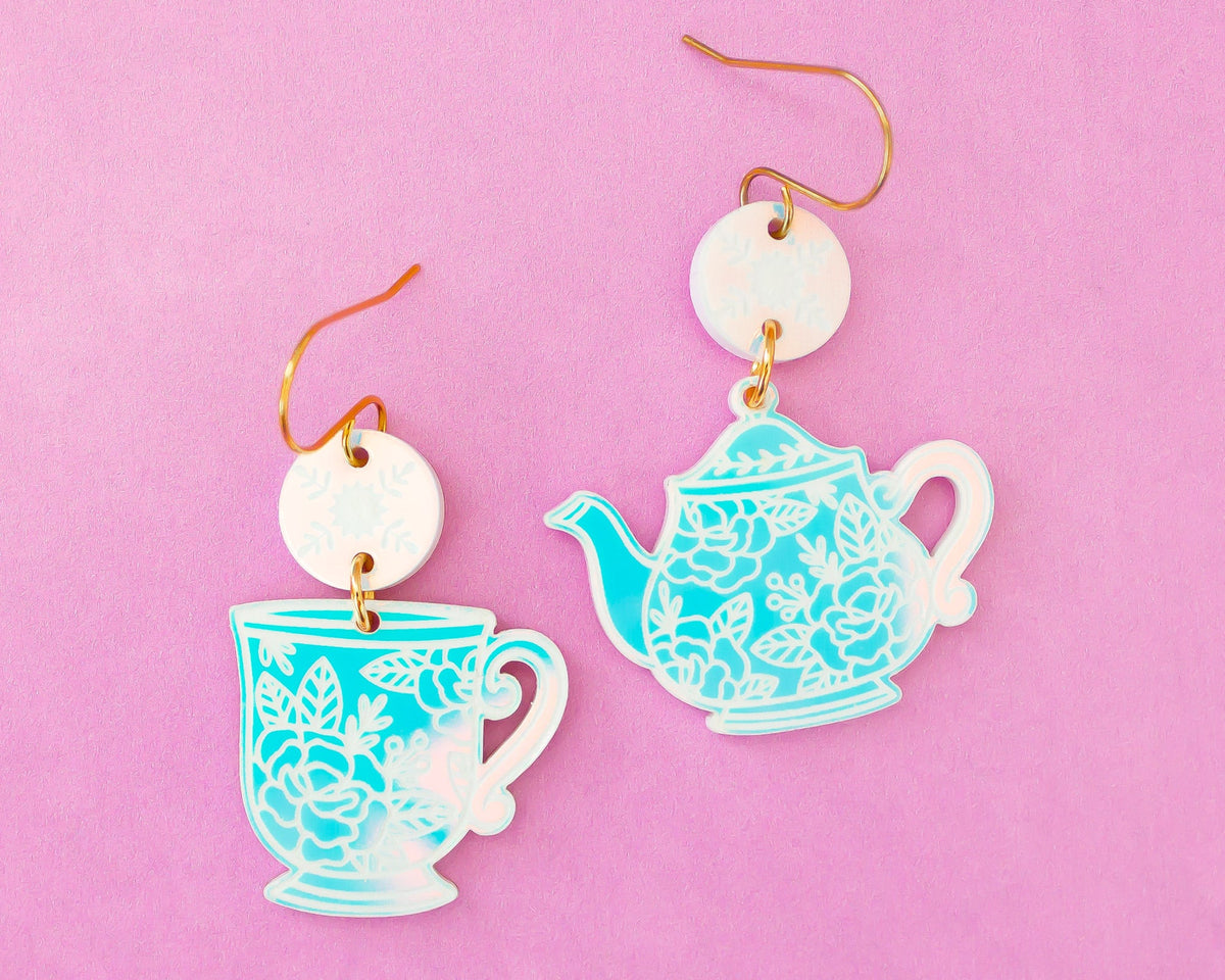 Tea Cup & Teapot Mismatch Holographic Earrings