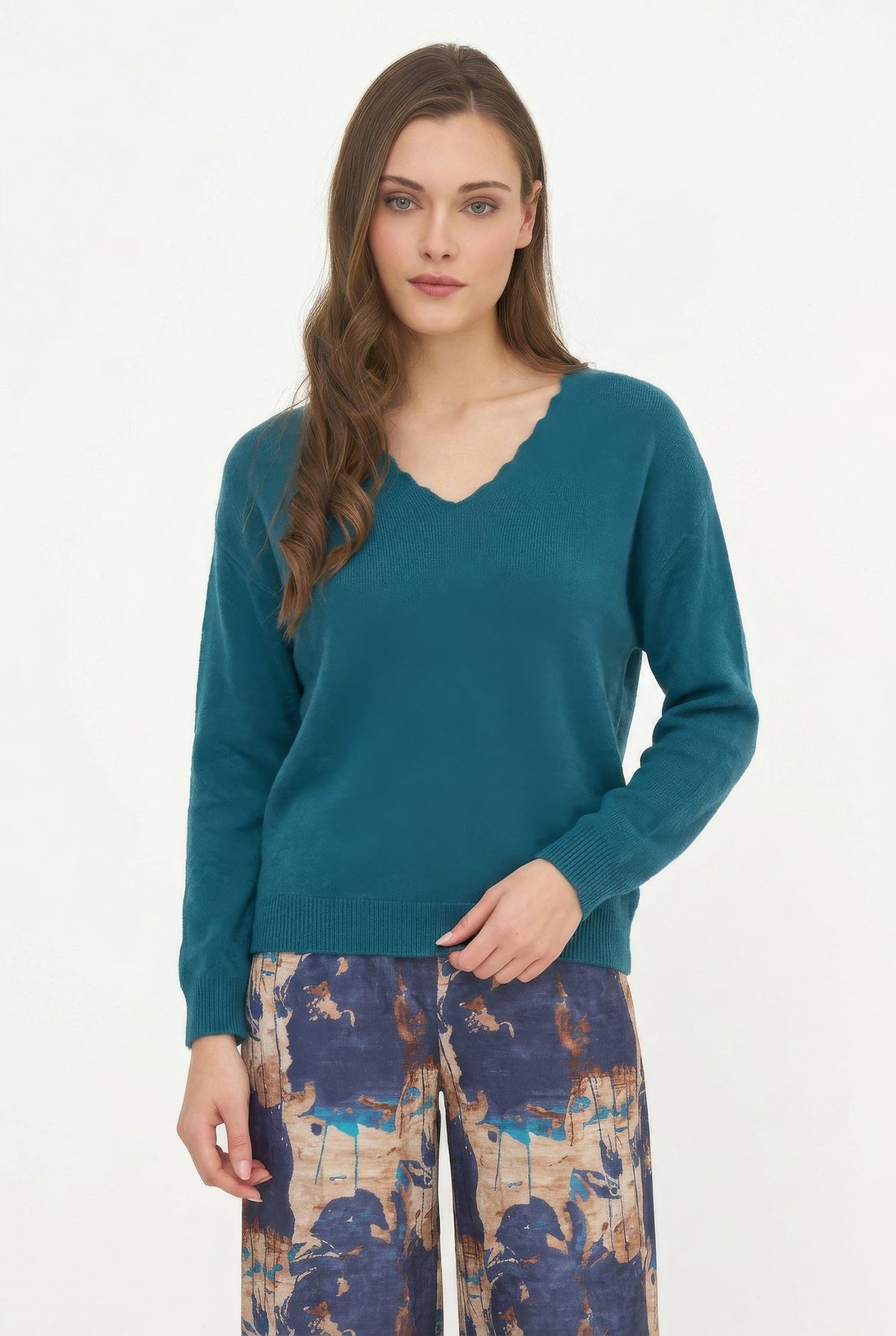 Women's Knit Scalloped V-Neck Tunic-Length Sweater, with Long Sleeves