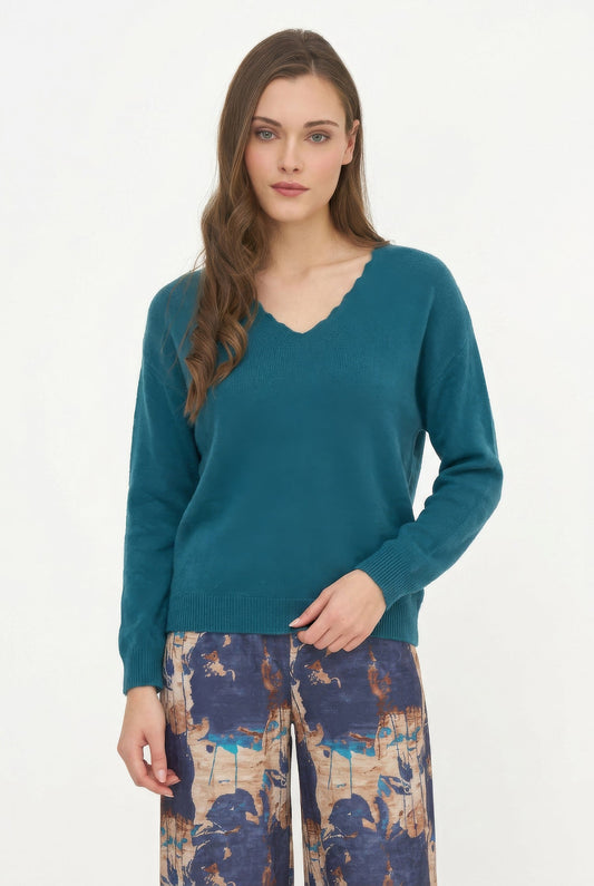 Women's Knit Scalloped V-Neck Tunic-Length Sweater, with Long Sleeves