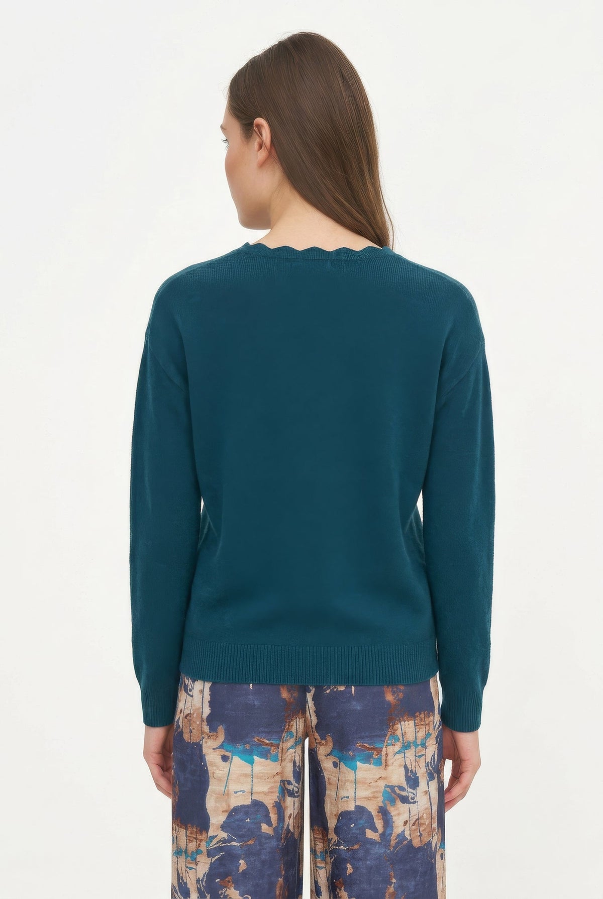 Women's Knit Scalloped V-Neck Tunic-Length Sweater, with Long Sleeves