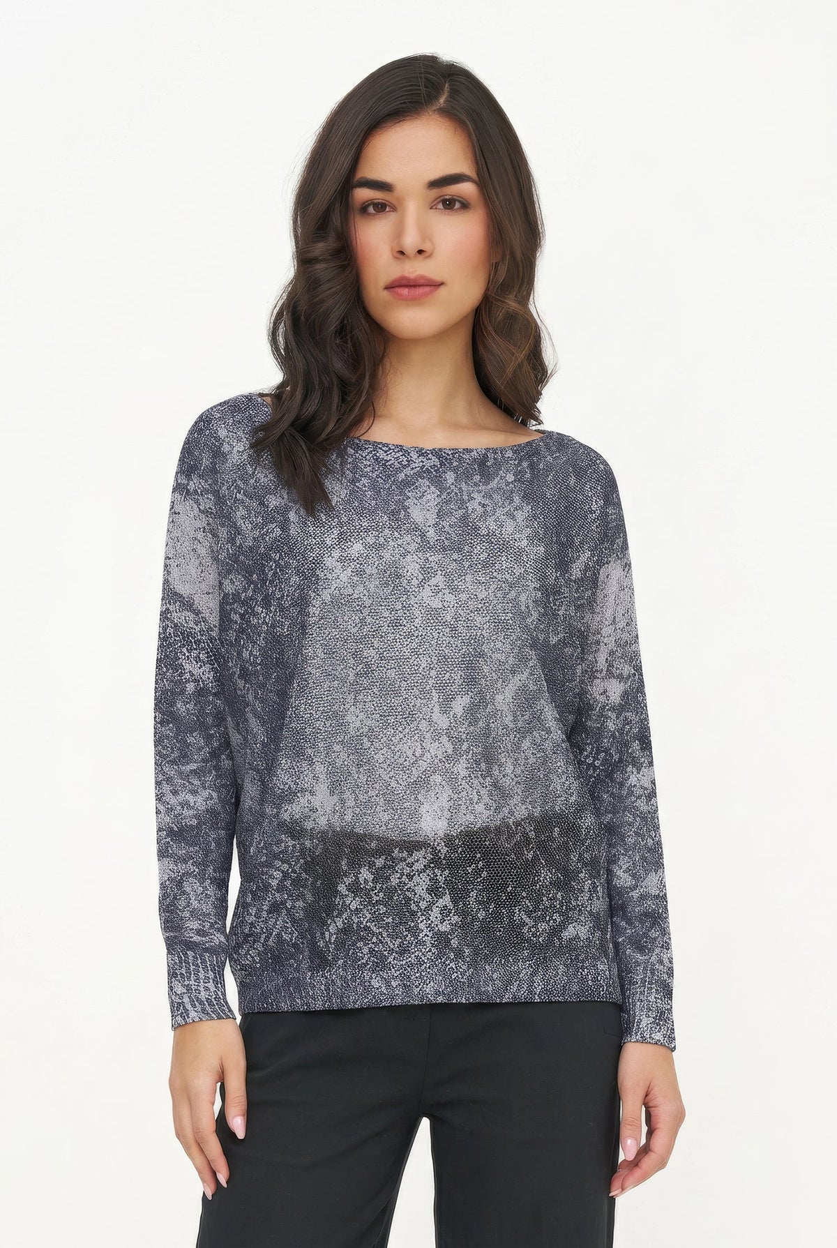 Women's Knit Printed Boat-Neck Sweater with Long Bat-Sleeves & a Wider Body