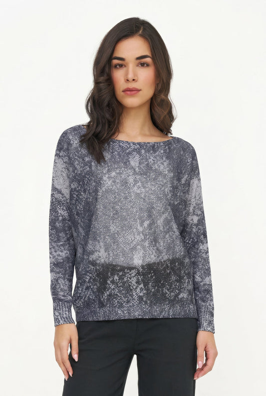 Women's Knit Printed Boat-Neck Sweater with Long Bat-Sleeves & a Wider Body