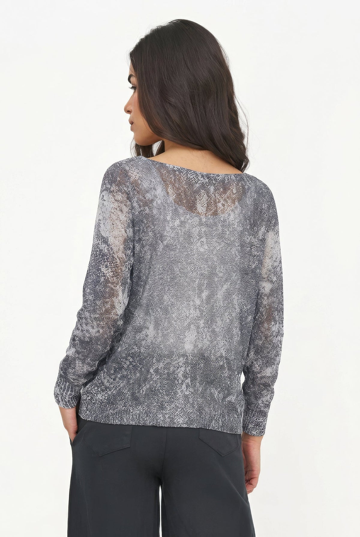 Women's Knit Printed Boat-Neck Sweater with Long Bat-Sleeves & a Wider Body
