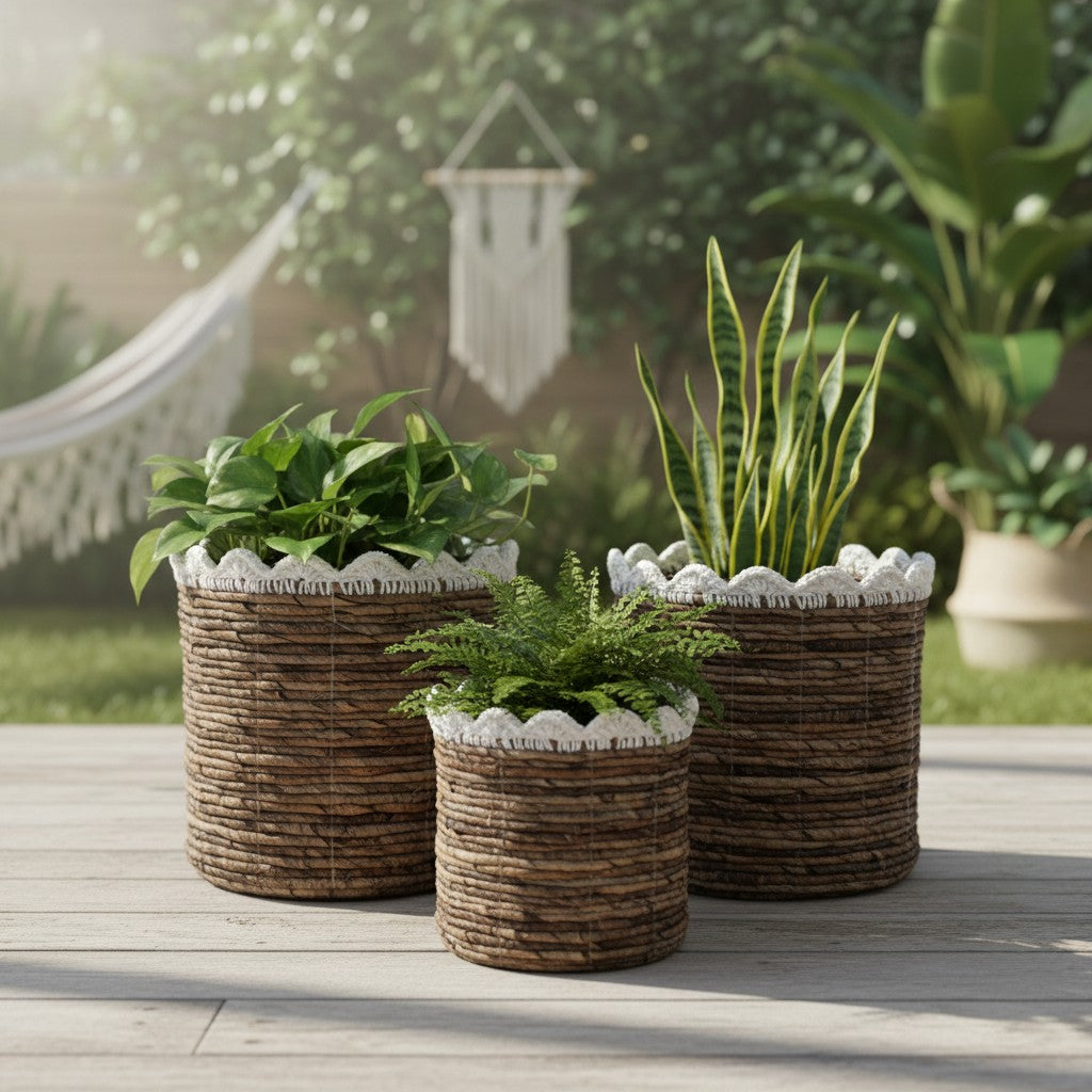 Banana Leaf & Macrame Ruffle Planter Basket