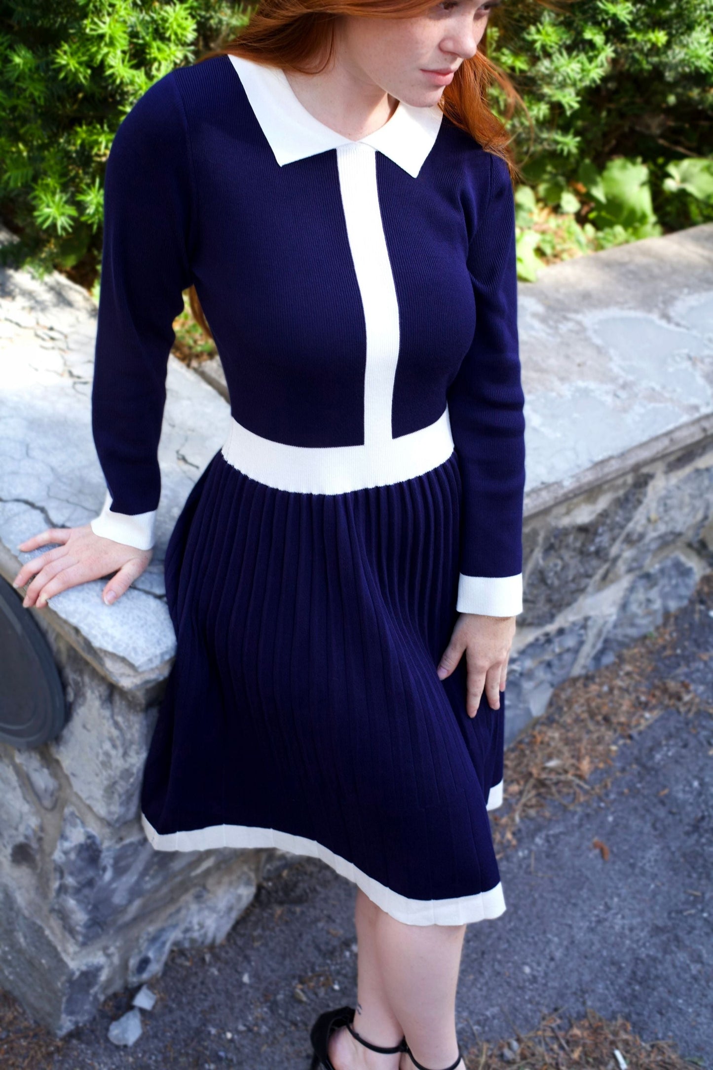 Clarissa Knit Women's Dress Contrast Trim Long Sleeves