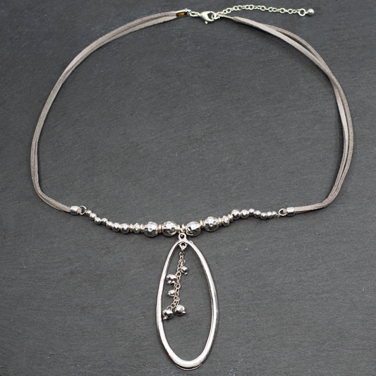 Silver Plate Oval Beaded Pendant Necklace On Suede