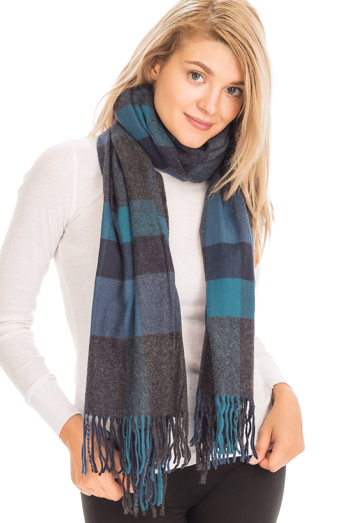 Windowpane Plaid Vegan Cashmere Long Wrap Scarf: TEAL/NAVY BLUE