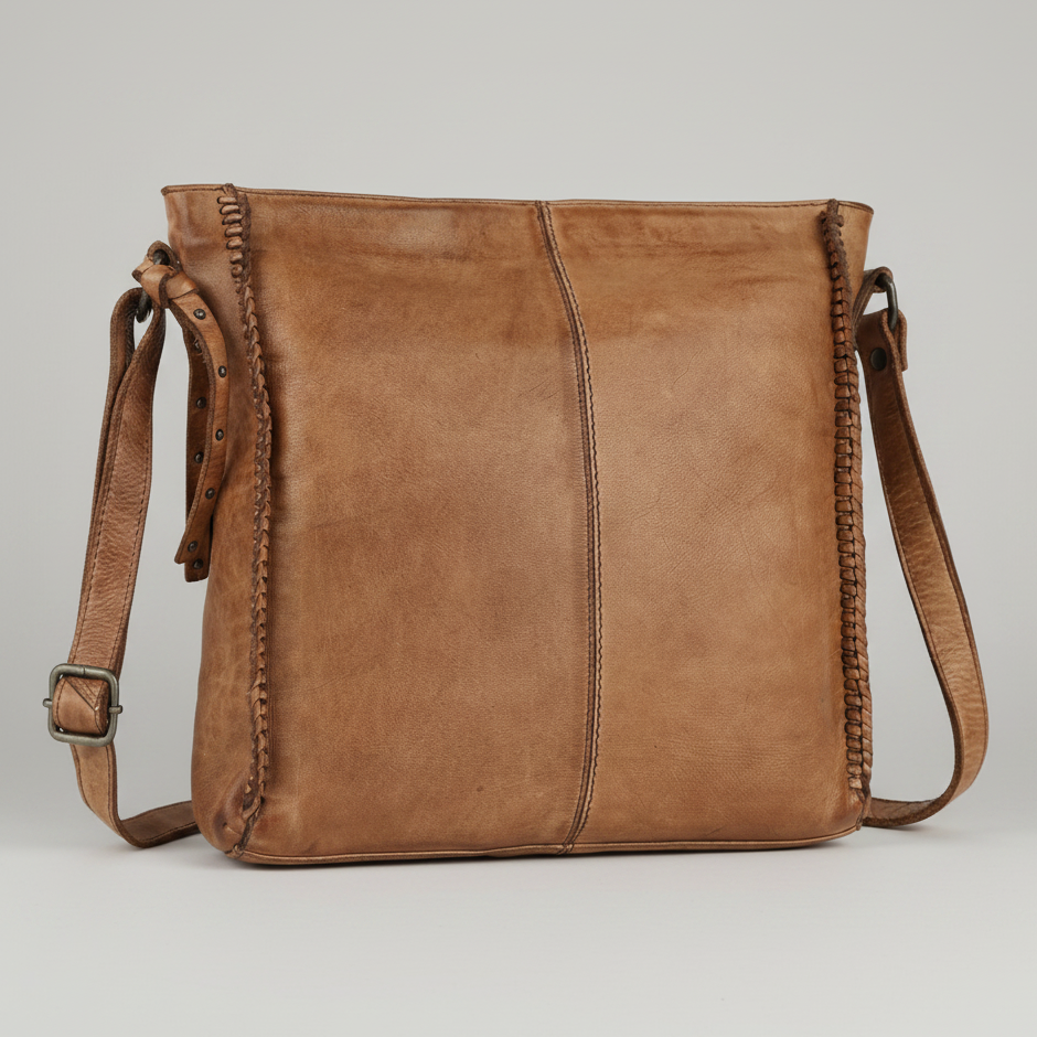 MET Premium Leather Crossbody Bag. Square Messenger with Woven Edge Details