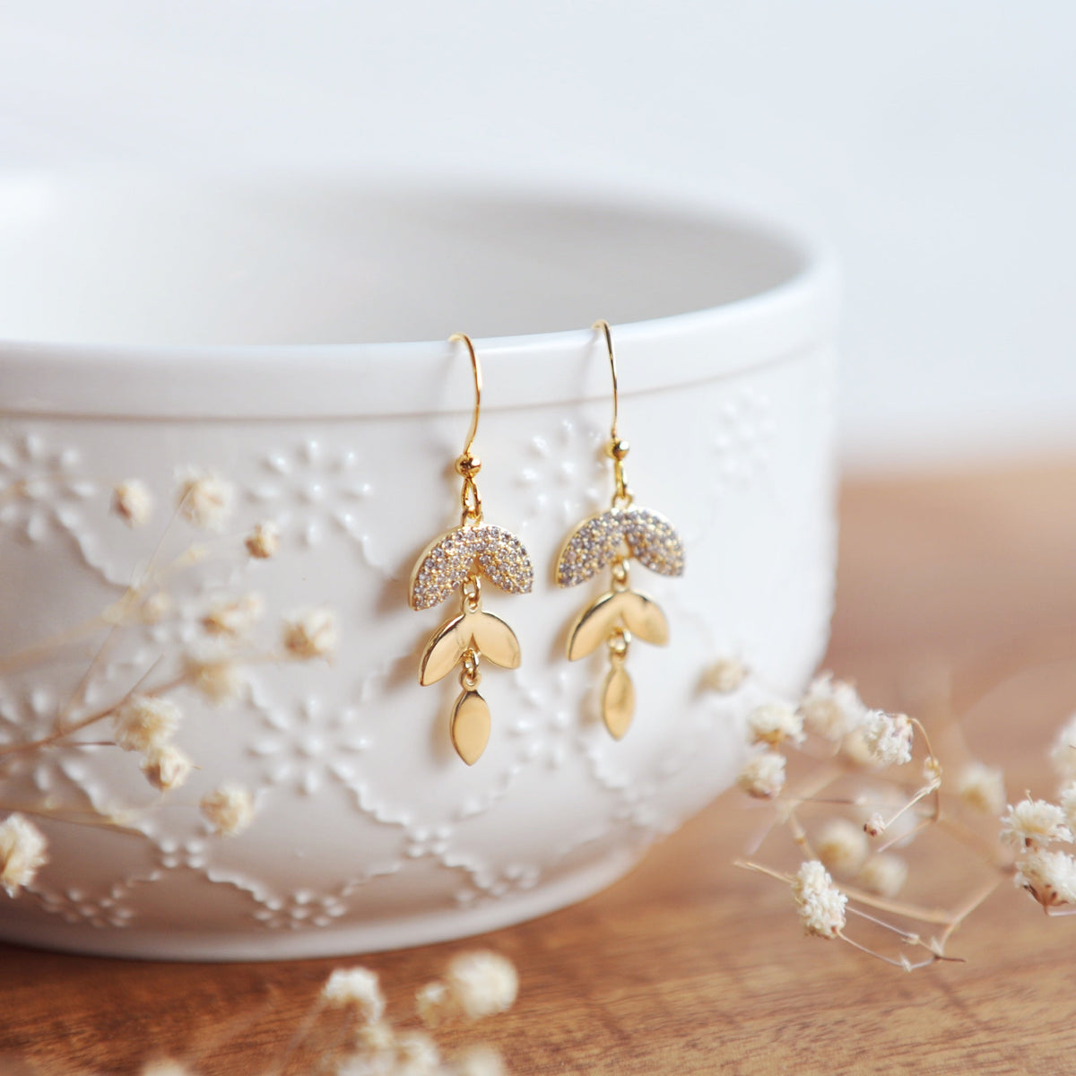 BIANCA Pretty Dangle Leaf Earrings with cubic zirconias