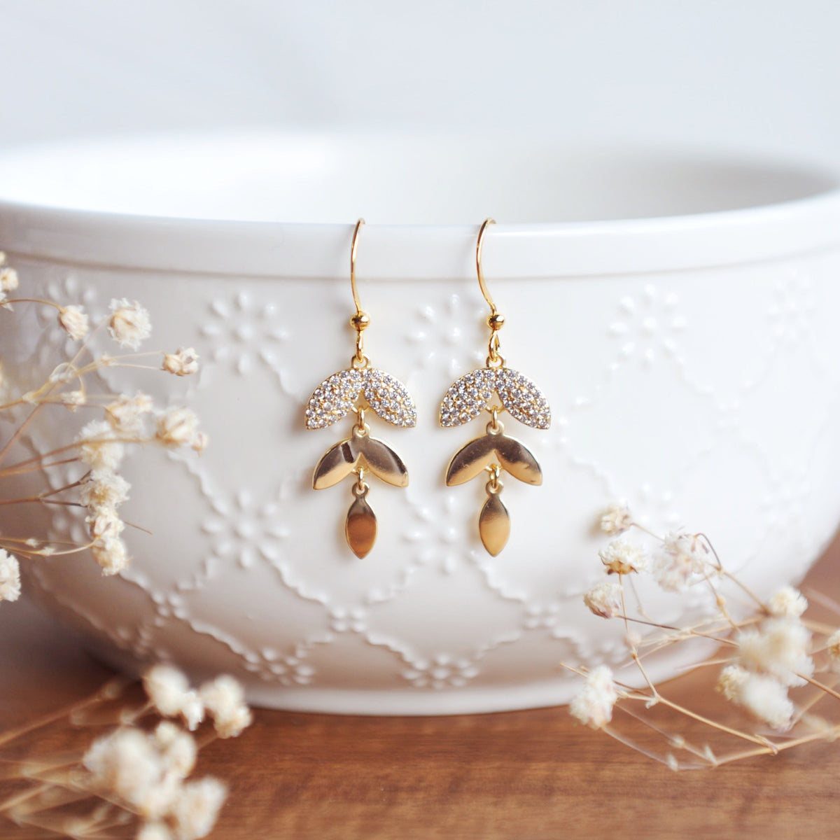 BIANCA Pretty Dangle Leaf Earrings with cubic zirconias