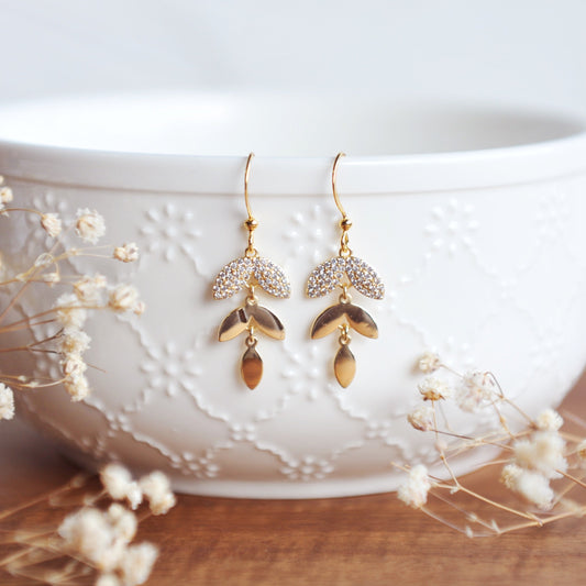 BIANCA Pretty Dangle Leaf Earrings with cubic zirconias